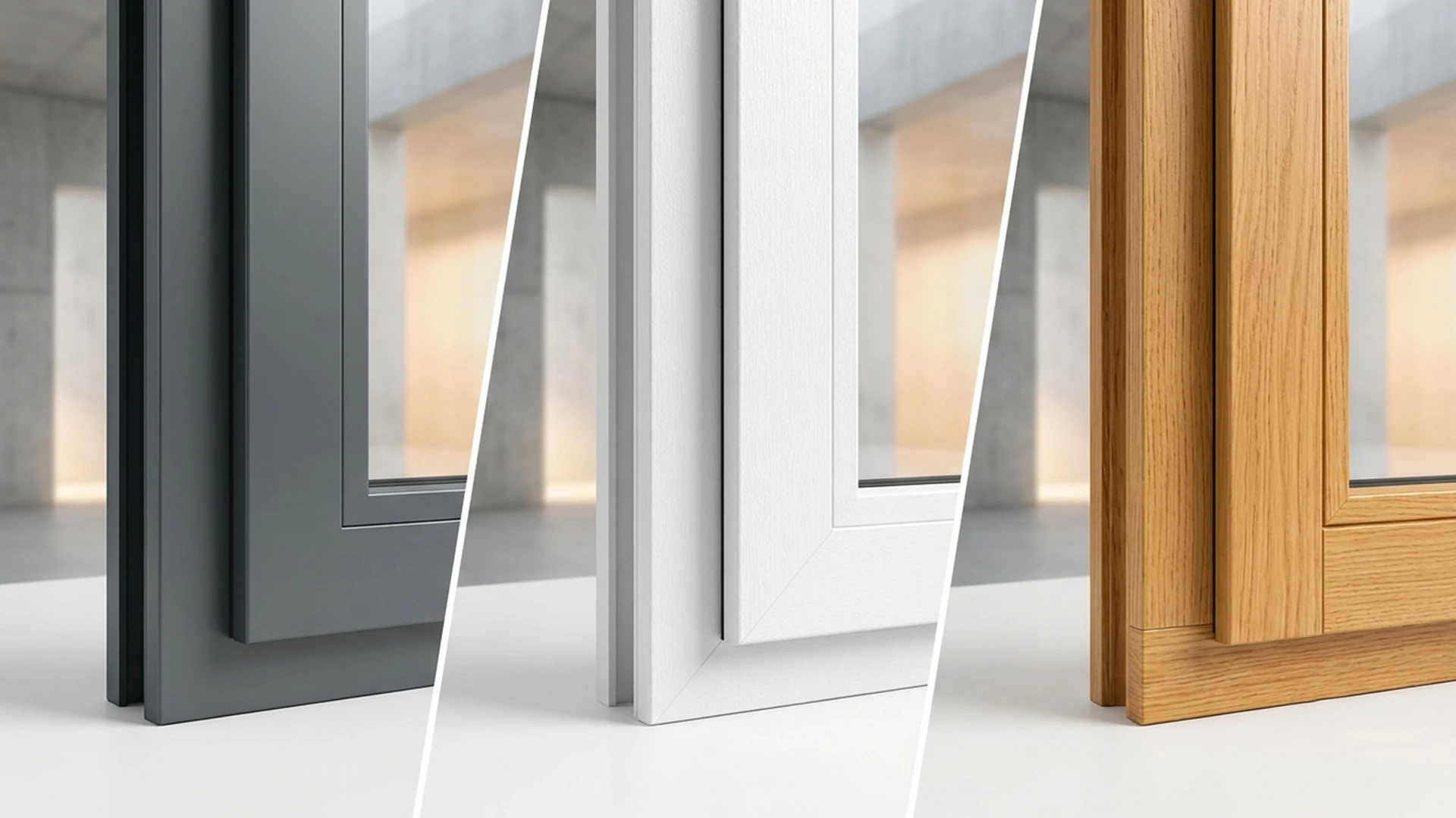 Aperçu de 3 profils de fenêtres : alu, PVC et bois