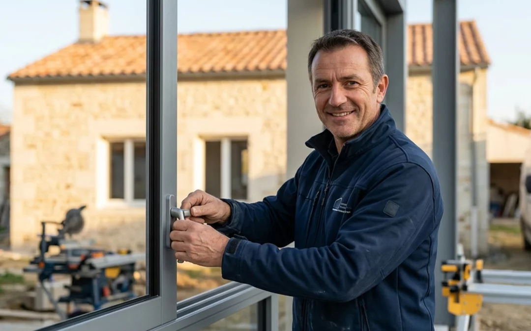 Un artisan pose une fenêtre neuve lors de la rénovation d'une maison ancienne, en pierre, proche de Tour