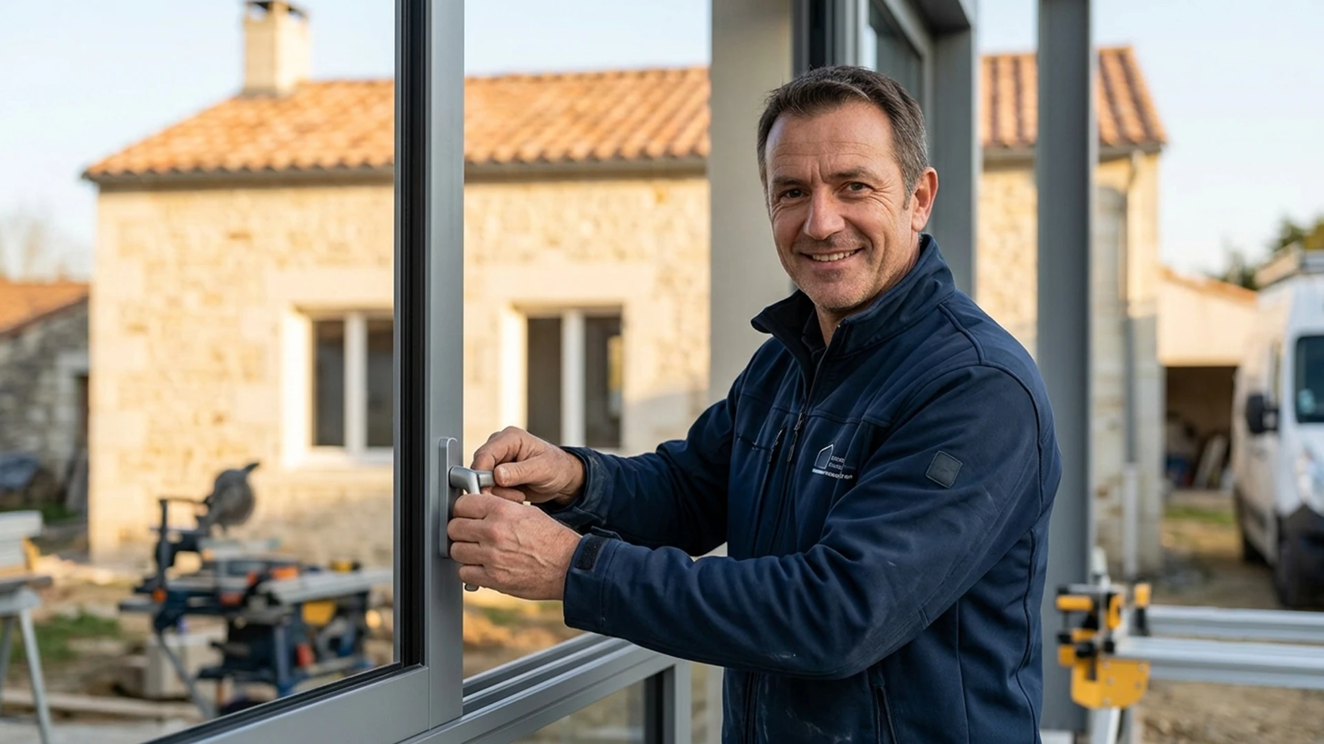 Un artisan pose une fenêtre neuve lors de la rénovation d'une maison ancienne, en pierre, proche de Tour