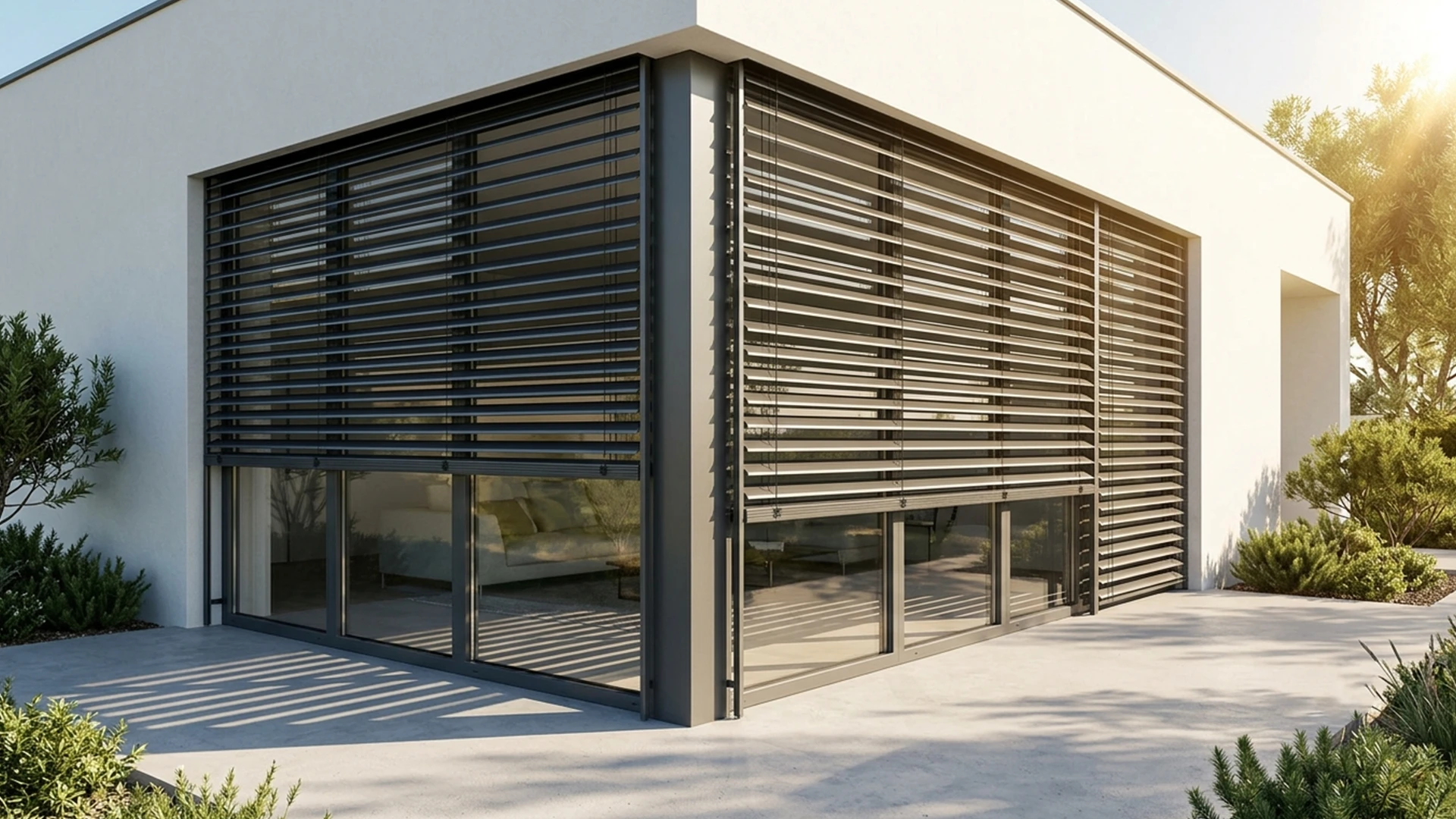 Aperçu de brise-soleil installés sur les fenêtres modernes en angle d'une maison contemporaine
