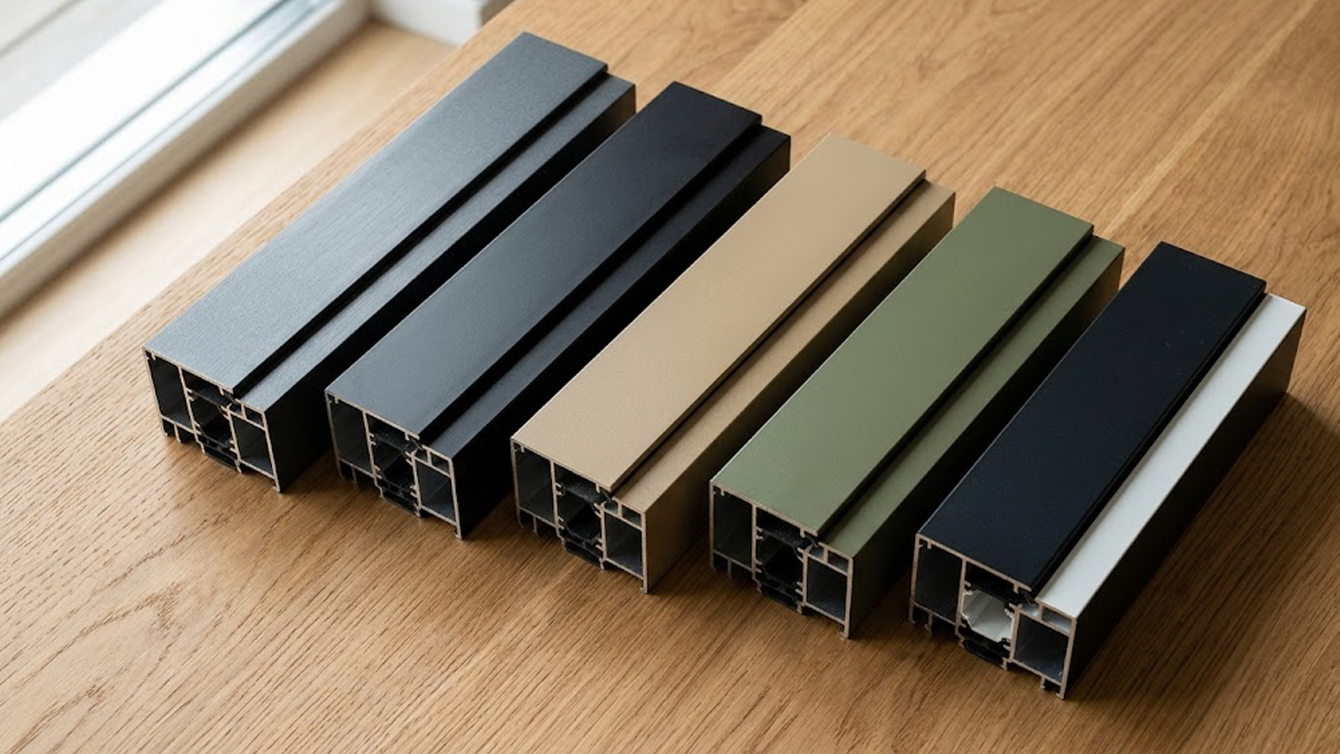 Échantillons de profilés aluminium gris anthracite, noir mat et teintes naturelles illustrant les tendances couleurs menuiseries 2026