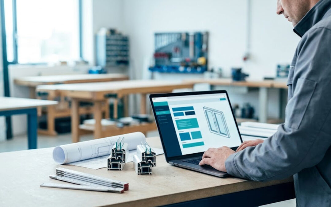 Professionnel poseur configurant une menuiserie sur-mesure en ligne depuis son atelier