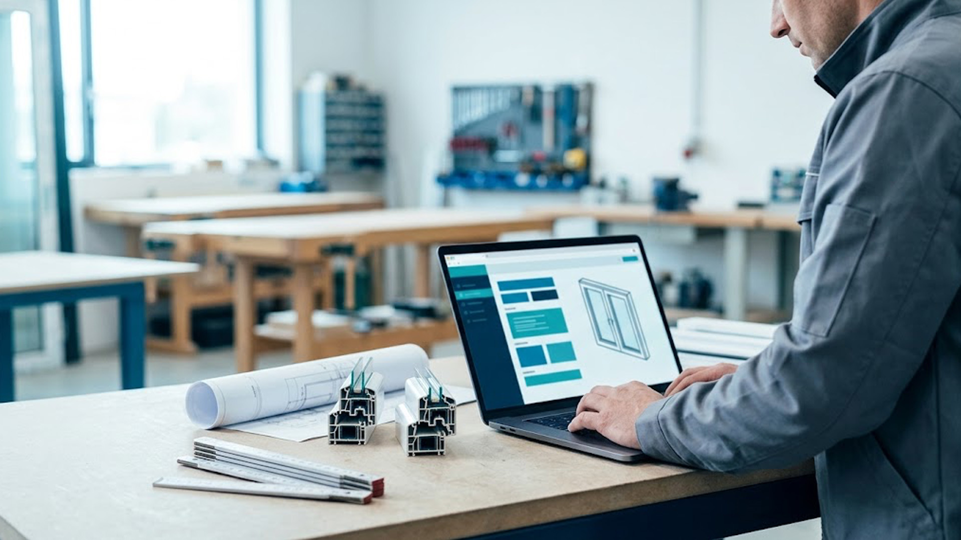 Professionnel poseur configurant une menuiserie sur-mesure en ligne depuis son atelier