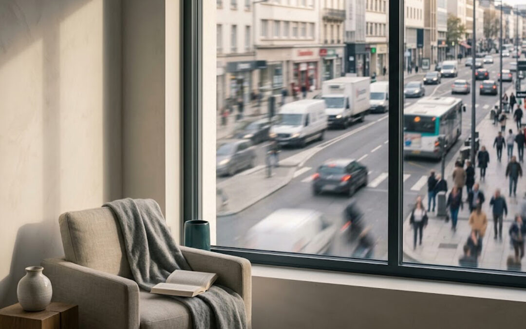 Salon calme derrière une fenêtre aluminium à vitrage phonique donnant sur une rue passante