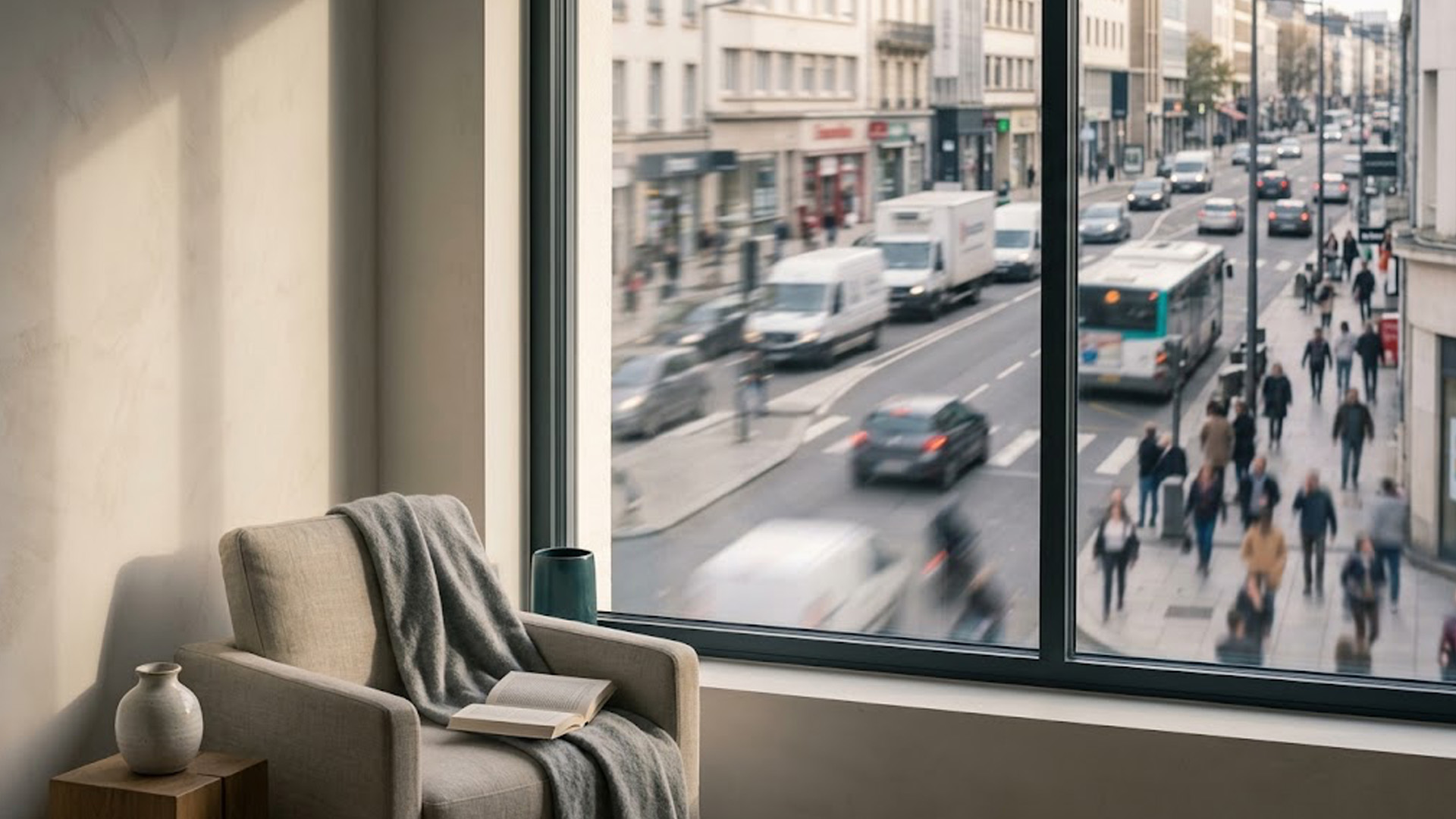 Salon calme derrière une fenêtre aluminium à vitrage phonique donnant sur une rue passante