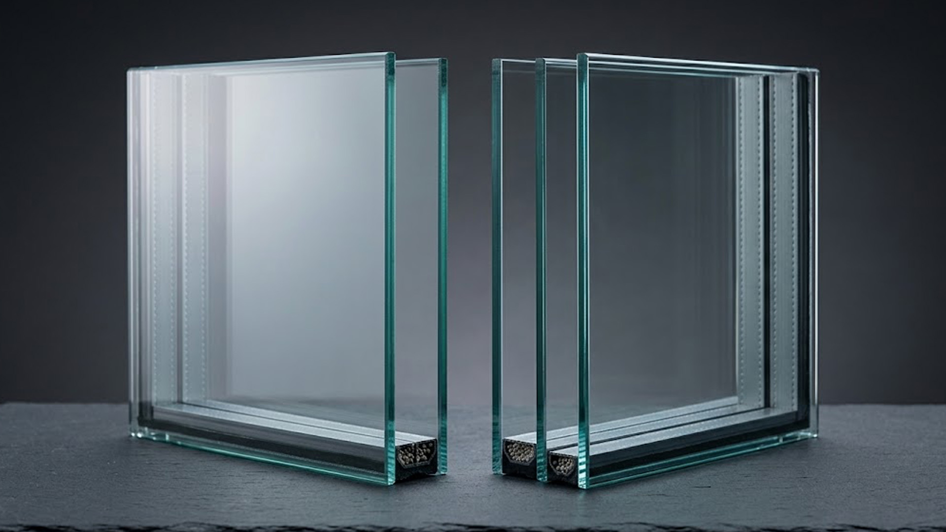 Coupe macro d'un double vitrage et d'un triple vitrage montrant les lames d'air et intercalaires